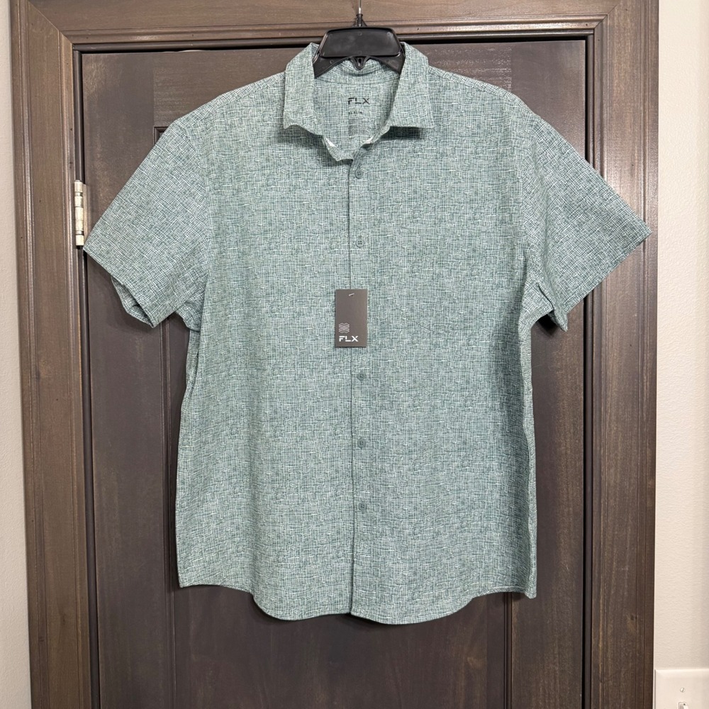 FLX NWT Mens XL Slim Short Sleeve Button Down Shirt Green White Grid Crosshatch